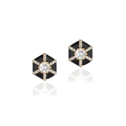 Black Enamel and Diamond Hexagon "Queen" Stud
