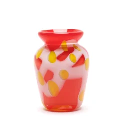 Bright Red Vase with White Strokes & Yellow Spots