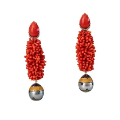 Coral Earrings with Micro Mosaic Grey Pearls