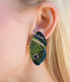 Green & Teal Marquetry Butterfly Earrings with Kyanite