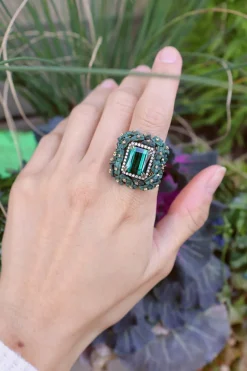 Green Tourmaline & Carved Wood Flower Ring