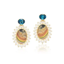 Rainbow Motif Miniature Painting Earrings with London Topaz & Pearls