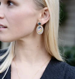 Rainbow Motif Miniature Painting Earrings with London Topaz & Pearls