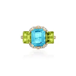 3 Stone Emerald Cut Blue Topaz & Peridot Ring