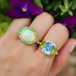 3 Stone Emerald Cut Blue Topaz & Peridot Ring