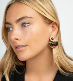 Tibetan Rose Half Moon Marquetry Earrings