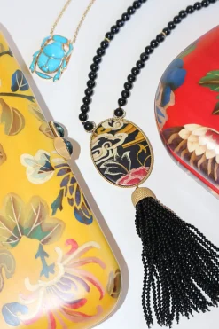Tibetan Rose & Onyx Tassel Necklace