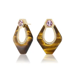 Tiger's Eye Nomad Doorknocker Earrings with Pink Spinel