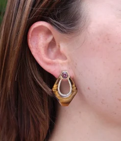 Tiger's Eye Nomad Doorknocker Earrings with Pink Spinel