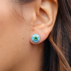 Turquoise Enamel and Emerald Hexagon "Queen" Stud