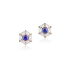 White Enamel and Tanzanite Hexagon "Queen" Studs